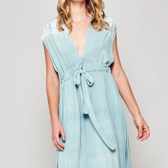 #53 Boho Tie Dye Teal V neck Sleeveless Maxi Dress - Picture 3 of 3